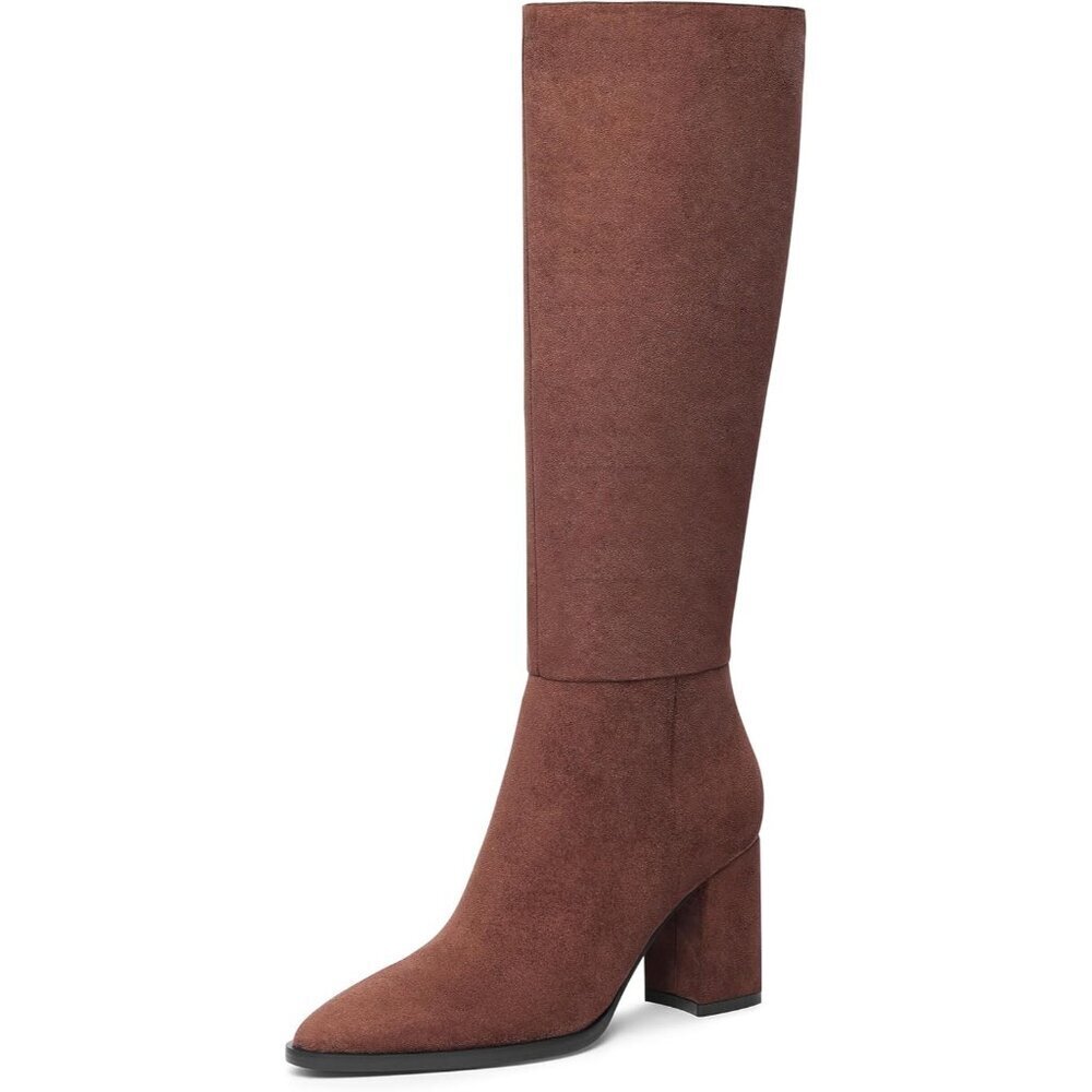 Women's Brown 1 Classic Chunky Heel Pointed Toe High Heel Side Zipper Tall Boot
